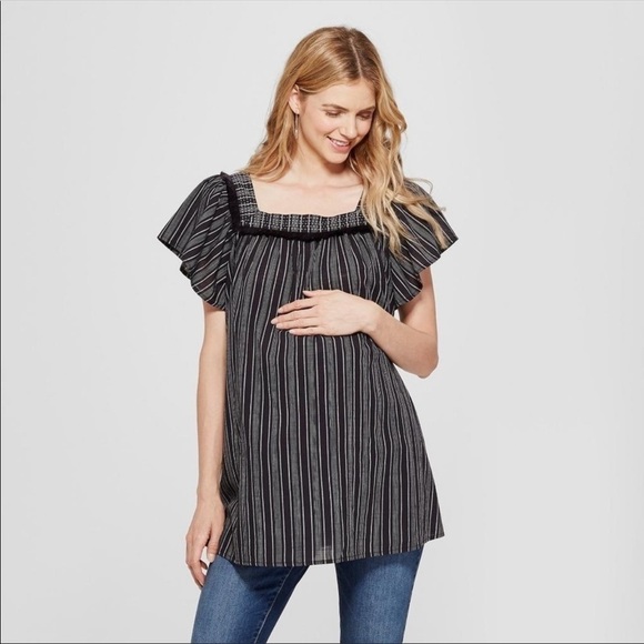 NWT Isabel Maternity Square Neck Fringe Ruffle Sleeve Top - Picture 1 of 8